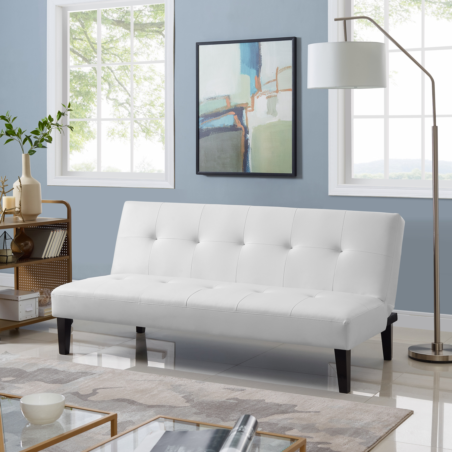 White Convertible Futon Sofa, Modern Reclining Black Sleeper Sofa, Tufted Faux Leather Futon Sofa Bed